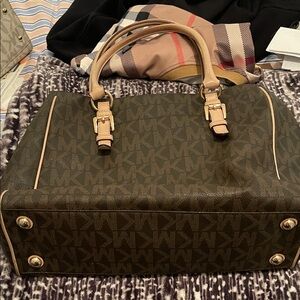 Michael Kors Dark Brown Monogram Satchel with Tan Trim